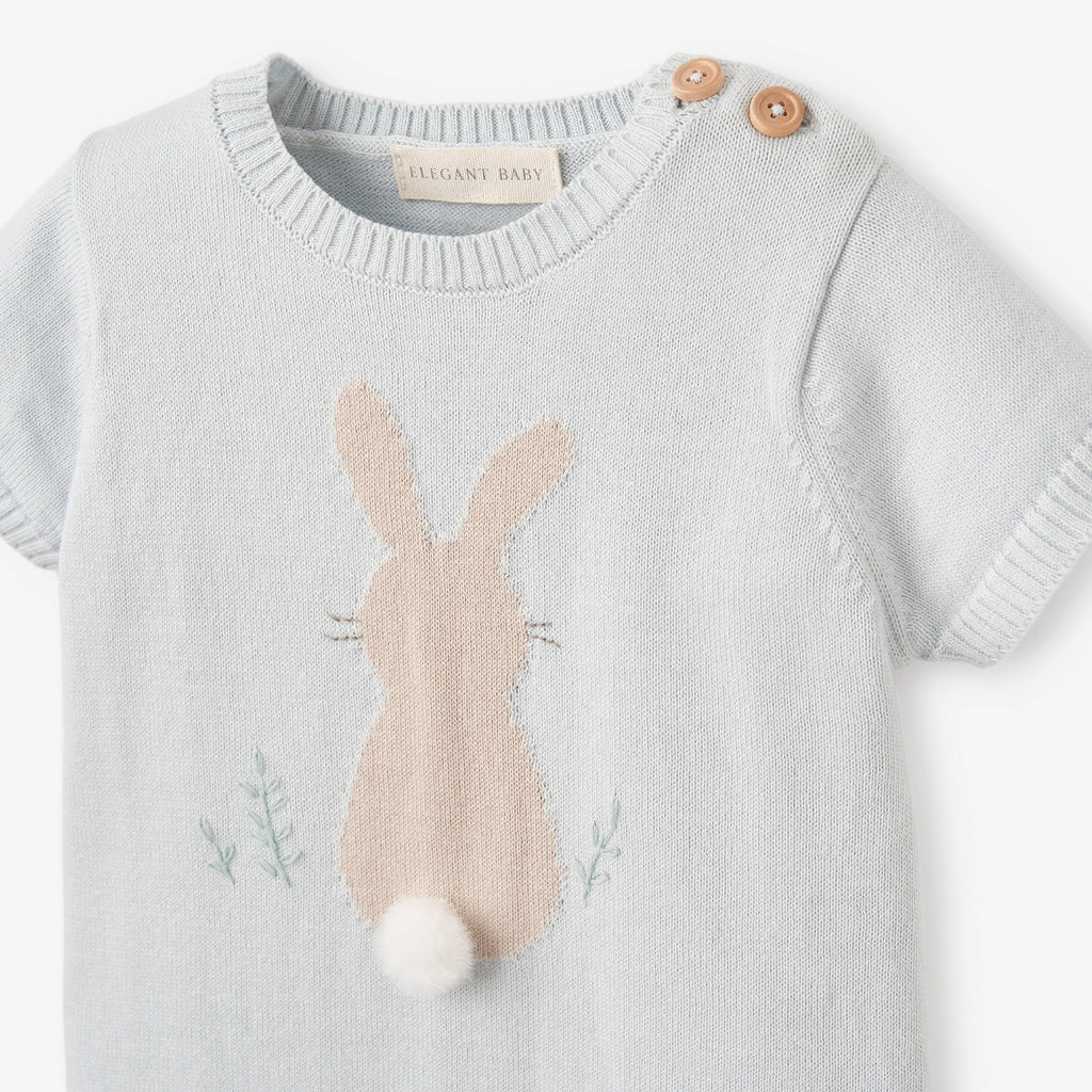 PALE BLUE BUNNY KNIT SHORTALL ROMPER - 3-6 meses